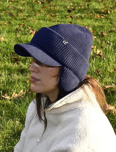 C.C Beanie Strechy Snug Fit Soft Knit Hat with Visor Brim & Ear Warmer Flaps - color: Navy Blue