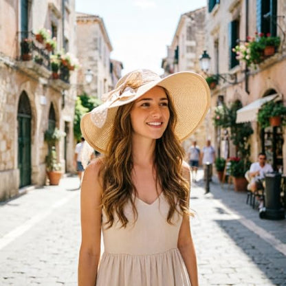 DRESHOW Beach Hats for Women Big Straw Wide Brim Summer Hat Floppy Foldable Roll up Cap Sun Hat UPF 50+ - color: 1 Pc：beige+white Dot Hat, 4.7" Brim