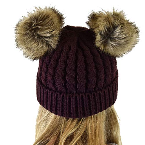 C.C 2 Ear Pom Pom Cable Knit Soft Stretch Cuff Skully Beanie Hat - color: Faux Fur Berry