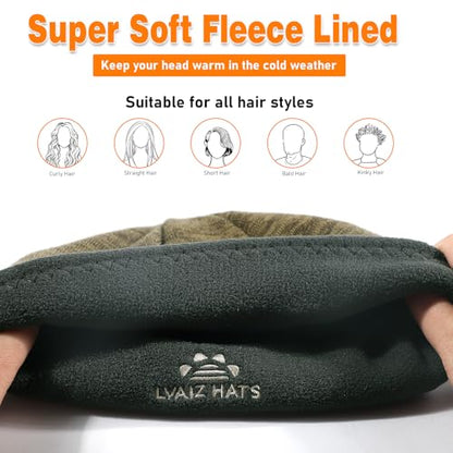 Lvaiz Winter Fleece Lined Beanie Hat for Men Women Reversible Skull Cap - color: Khaki+grey