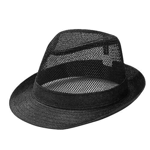 Men Straw Fedoras Summer Trilby Hat Vintage Mesh Panama Sun Hat Short Brim Beach Travel Hat British Jazz Hat Outdoor Bucket - color: Mesh Black