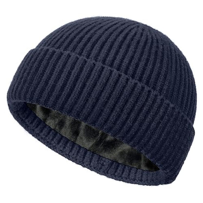 Fleece Lined Wool Short Fisherman Beanie Men Women Cuff Winter Hat - color: 1pc-navy Blue