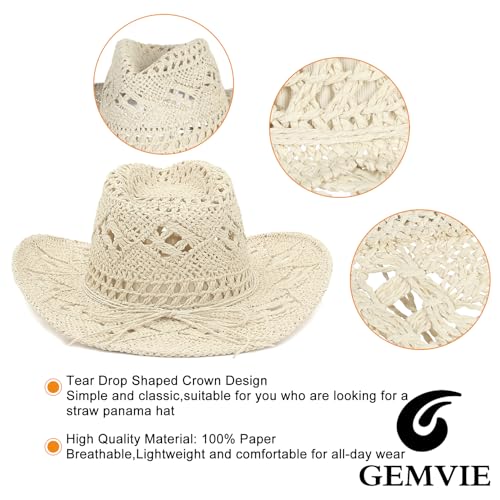 GEMVIE Men & Women's Summer Cowboy Cowgirl Straw Hat Hollow Out Style Roll Up Brim Cowboy Sun Hat - color: Khaki