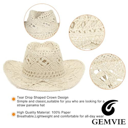 GEMVIE Men & Women's Summer Cowboy Cowgirl Straw Hat Hollow Out Style Roll Up Brim Cowboy Sun Hat - color: Khaki