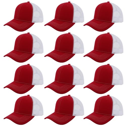 ZH 12 Pack Mesh Trucker Hats, Bulk Baseball Caps for Men and Women, Trucker Cap Wholesale - color: Red-white