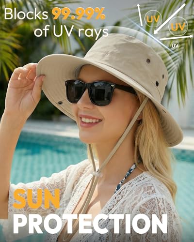 Women Sun Hat with Ponytail Hole Wide Brim Bucket Sun Protection for Summer - color: Beige