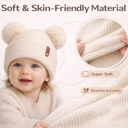 Toddler Winter Beanie Hats 3 Pack – Double Pom Pom Soft Knitted Hats for Baby Boys Girls 6–36 Months - color: Purple+pink+caramel