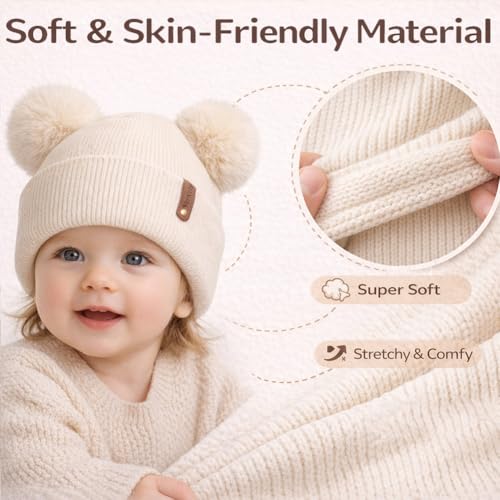 Toddler Winter Beanie Hats 3 Pack – Double Pom Pom Soft Knitted Hats for Baby Boys Girls 6–36 Months - color: Dark Grey+beige+black