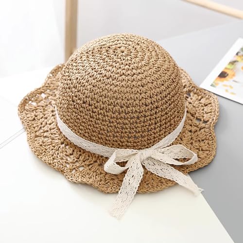 Girls Straw Hat with Flower Round Sunglasses, Summer Foldable Large Brim Sunflower Bowknot Beach Toddler Straw Sun Hat, 2-6T - color: Khaki-bow