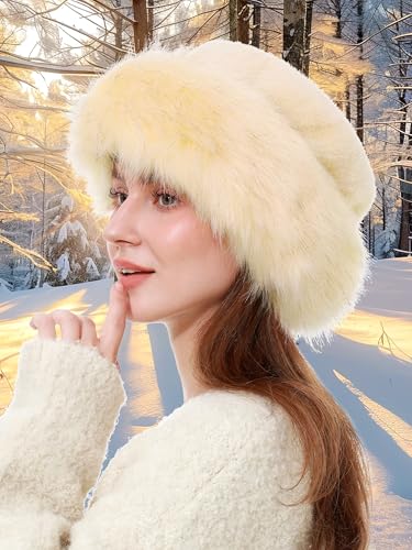 sy soul young Women's Leopard Faux Fur Hats Fluffy Bucket Hat Russian Style - color: Beige