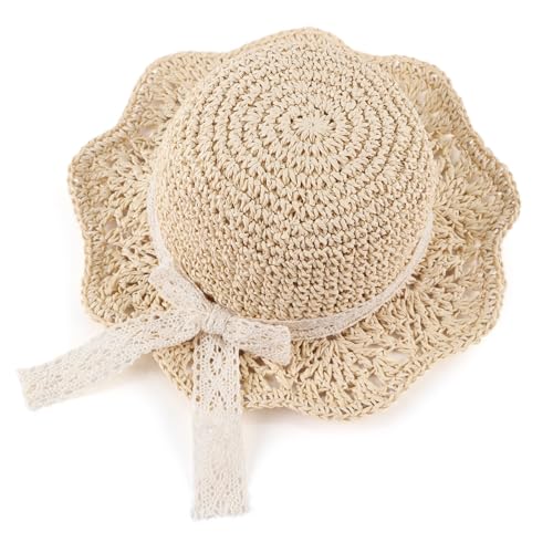 JANGANNSA Baby Girl Straw Hat Outdoor Baby Sun Protection Hats Summer Bowknot Beach Cap for Infant Toddler Girls - color: Lace Bow-beige, size: 6-24 Months