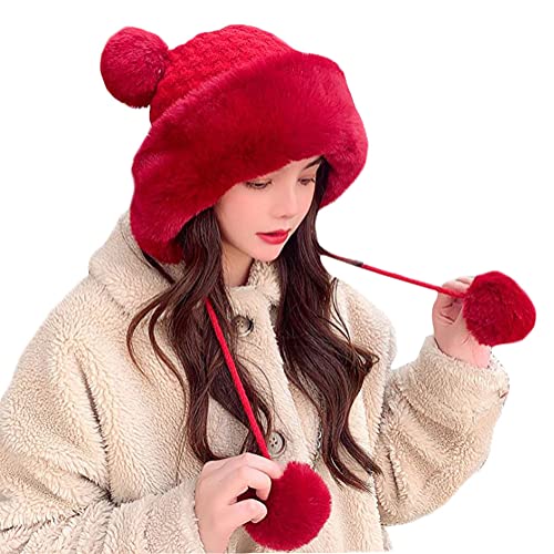 Winter Pompom Beanie Hats Women Knit Womens Beanie Faux Fur Crochet Skull Cap Warm Bucket Outdoor Ear Cover - color: Red