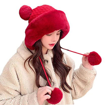 Winter Pompom Beanie Hats Women Knit Womens Beanie Faux Fur Crochet Skull Cap Warm Bucket Outdoor Ear Cover - color: Red