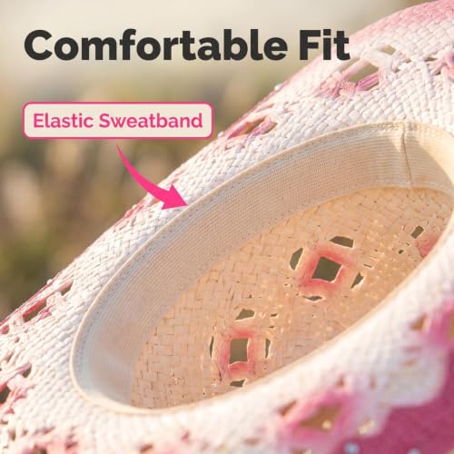 Straw Cowboy Hat for Men Women, Breathable Lightweight - color: Pink-m