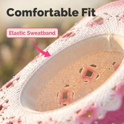 Straw Cowboy Hat for Men Women, Breathable Lightweight - color: Pink-m