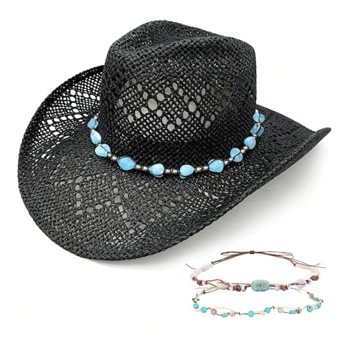 Men's Women's Straw Cowboy Hat, Western Cowgirl Hat, Wide Brim Hollow Out Sun Beach Hat with Three Decorative Bands - color: Black