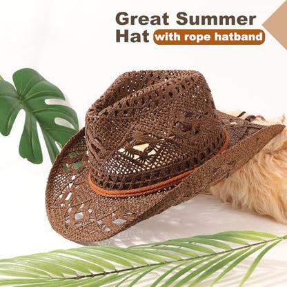AQOKKA Straw Cowboy Hats for Women Men Western Cowgirl Hats with Shapeable Brim Woven Hollow Out Unisex Beach Roll Up Caps - color: Coffee a