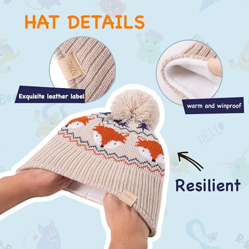 Beanie Knit Hats for Toddlers with Earflap Fleece Lined Hat Kids Warm Winter Hat Scarf Set Children's Thick Ski Cap - color: Fox-navy+scarf