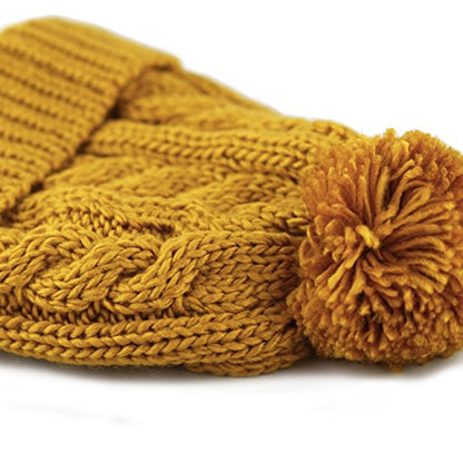 Women and Men Beanie Daily Winter Oversized Thick Stretchy Knitted Pom Pom Beanie Fleece Lined Beanie Hat - color: 1. Curly Mustard W/ Label