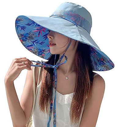 6" Extra Wide Brim Sun Hats UPF 50+ UV Protection Packable Beach Hat Strap Women - color: Blue