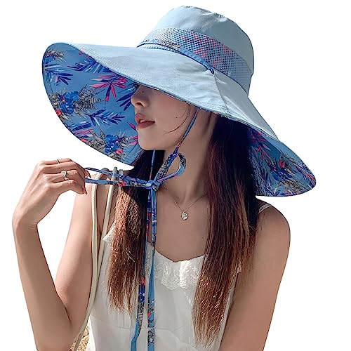 6" Extra Wide Brim Sun Hats UPF 50+ UV Protection Packable Beach Hat Strap Women - color: Blue