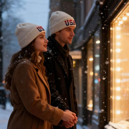 American Flag Beanie, USA Embroidered Winter Hat for Women Men - color: Usa-brown