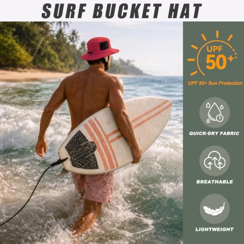 Surblue Surf Bucket Hat with Widened Chin Straps UPF 50+ Windproof Sun Hat Adjustable Packable Cap for Water Sports Surfing - color: Red