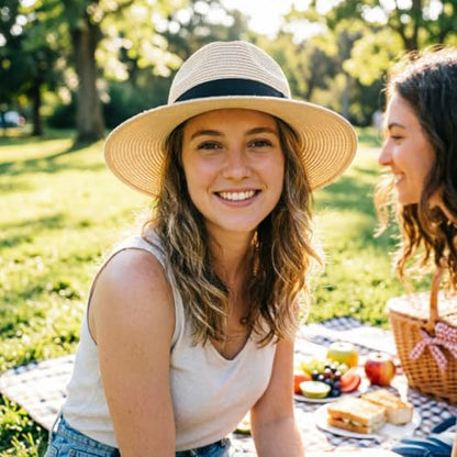 DRESHOW Women Straw Panama Hat Travel Fedora Beach Sun Hat Summer Wide Brim Straw Roll up Hats UPF 50+ - color: Fedora a Beige