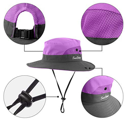 IYEBRAO Kids UV Sun Hat with Ponytail Hole UPF 50 Bucket Cap for Girls Summer Beach ＆ Fishing - color: Purple