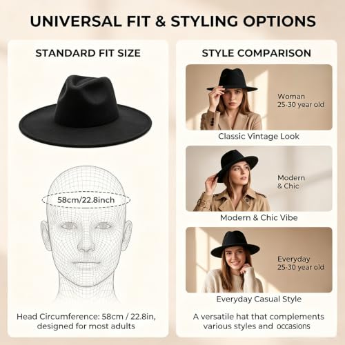 Classic Wide Brim Felt Fedora Hat for Men Women - color: Black