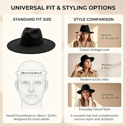 Classic Wide Brim Felt Fedora Hat for Men Women - color: Black