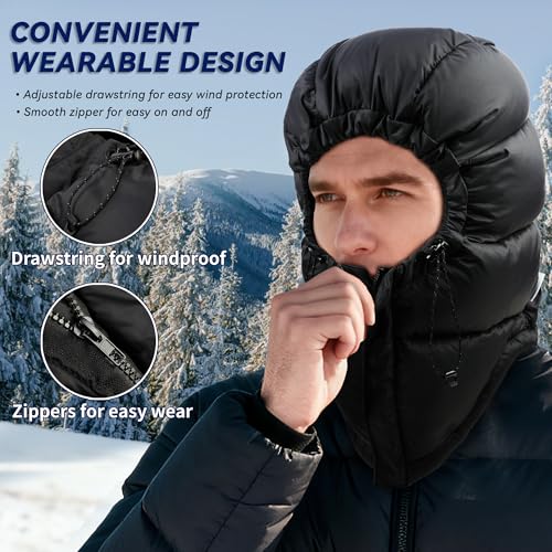Winter Warm Down Hat,Ultralight Windproof Down Hood for for Camping - color: Black