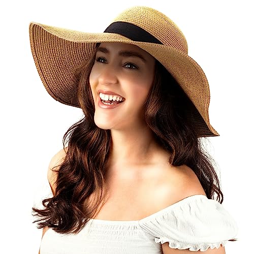 Women Floppy Sun Hat with Wide Brim—Foldable Roll-Up Straw Beach Hat UPF 50 - color: Khaki, size: Large