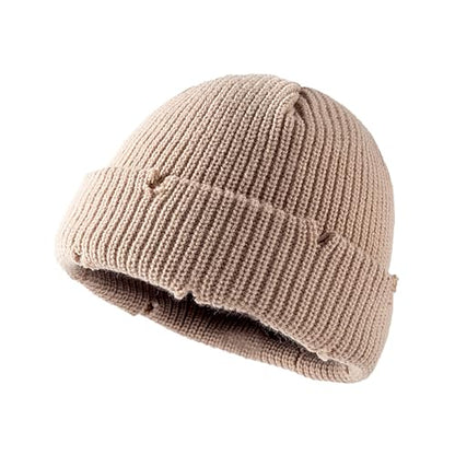 Unisex Warm Knit Skull Cap Hip-hop Slouchy Ripped Knitted Hat - color: Khaki