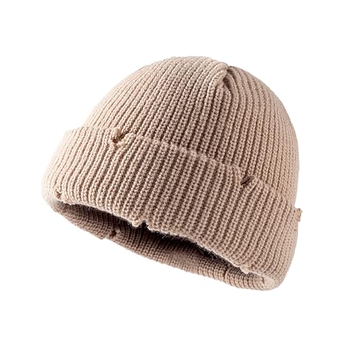 Unisex Warm Knit Skull Cap Hip-hop Slouchy Ripped Knitted Hat - color: Khaki