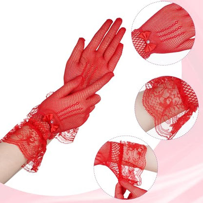 Fascinators Hats with Lace Gloves for Women Headband for Tea Party Wedding - color: Red