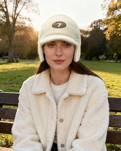 CLAPE Cozy Head Beanies with Brim, Small Billed Beanie for Cold Weather Mens Winter Warm Knit Hat with Ear Flaps - color: Kh25d18-beige