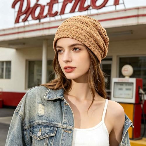 Women's Sparkly Lace Beanie Hat for Women, Lightweight Breathable Knit Skull Cap,Fashion Slouchy Beanie - color: Coffee 008