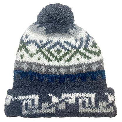 TINKUY Peru Alpaca Wool Winter Beanie, Handmade Bobble Hat, Unisex, One Size - color: Dark Grey