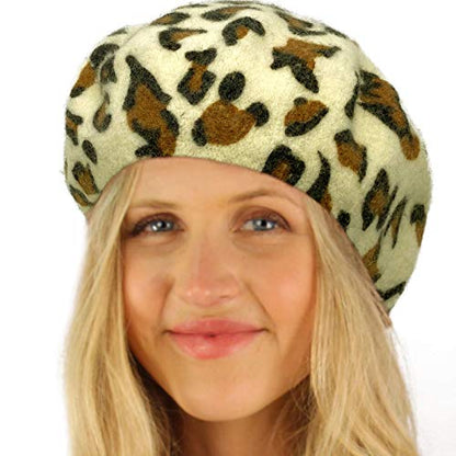 Classic Winter 100% Wool Warm French Art Basque Beret Tam Beanie Hat Cap - color: Leopard White