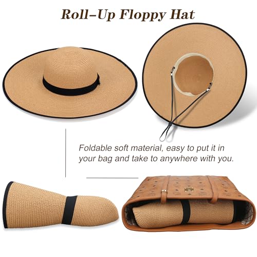 Women Wide Brim Sun Hat UPF50 Straw Summer Hat Floppy Beach Hat Roll-Up - color: Khaki