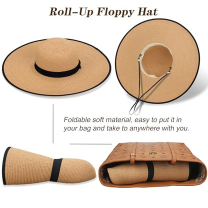 Women Wide Brim Sun Hat UPF50 Straw Summer Hat Floppy Beach Hat Roll-Up - color: Khaki