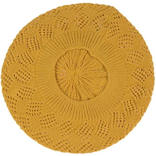 an Womens Crochet Hat Flower Beanie Beret Fashion Accessory Lightweight Knit Cap - color: 5119-mustard