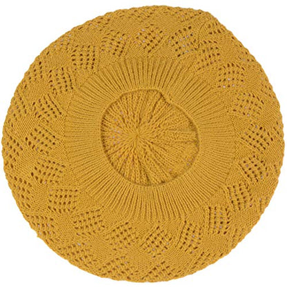 an Womens Crochet Hat Flower Beanie Beret Fashion Accessory Lightweight Knit Cap - color: 5119-mustard