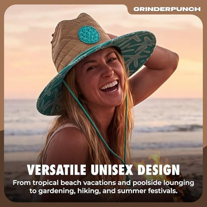 grinderPUNCH Straw Sun Hat for Men Women Wide Brim Beach Fishing UPF 50 - color: Teal Starfish