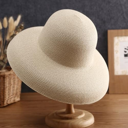 Women Floppy Sun Hat Wide Brim Straw Beach Cap UPF Straw Foldable Sun Hat for Summer - color: Beige