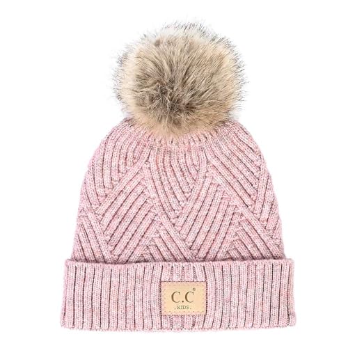 C.C Kids' Suede Patch Snuggly Soft Warm Knit Pom Cuff Beanie - color: Criss Cross Faux Fur, Rose Mix