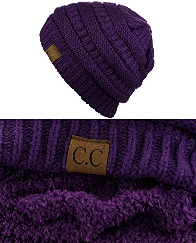 C.C Unisex Chunky Soft Stretch Cable Knit Warm Fuzzy Lined Skully Beanie - color: Purple