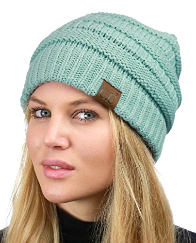 C.C Unisex Chunky Soft Stretch Cable Knit Warm Fuzzy Lined Skully Beanie - color: Mint