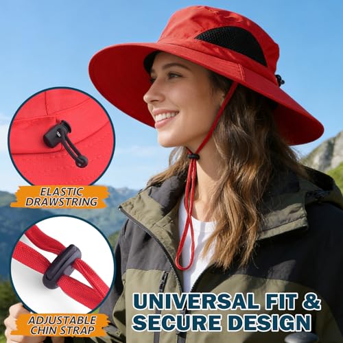 Wide Brim Sun Bucket Hat, Waterproof Boonie Hat for Men & Women - color: 01 Red